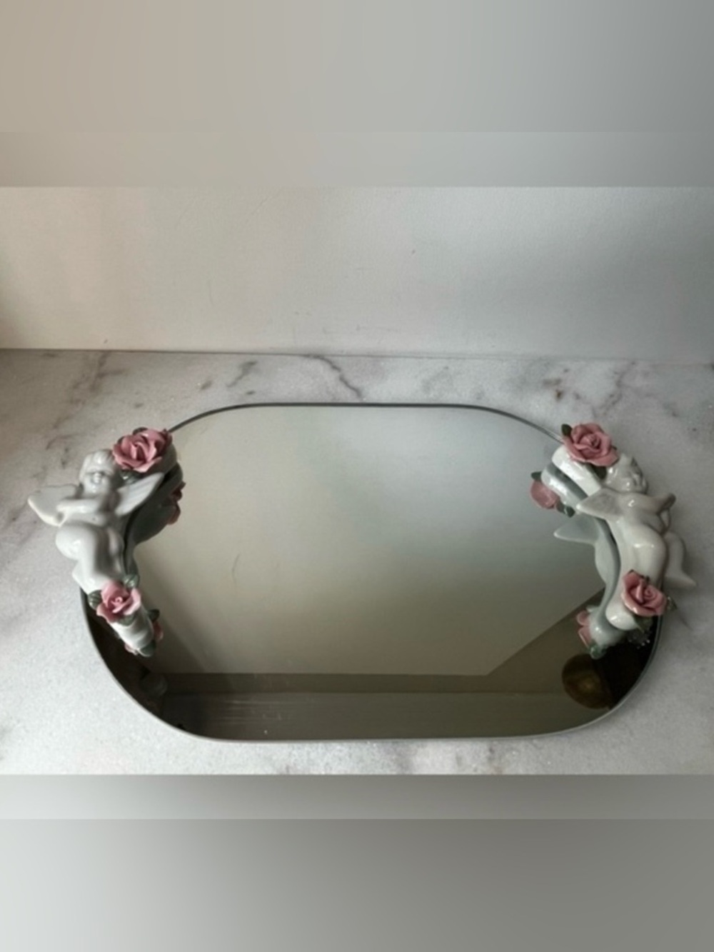 Decorative Mirror vanity tray with Pink Floral and cherubs Accents